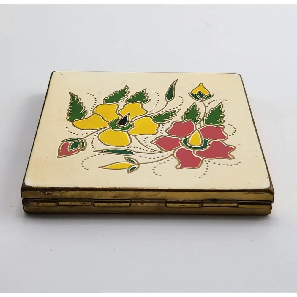Vintage Shields Inc Floral Enamel Powder Compact Mirror Case